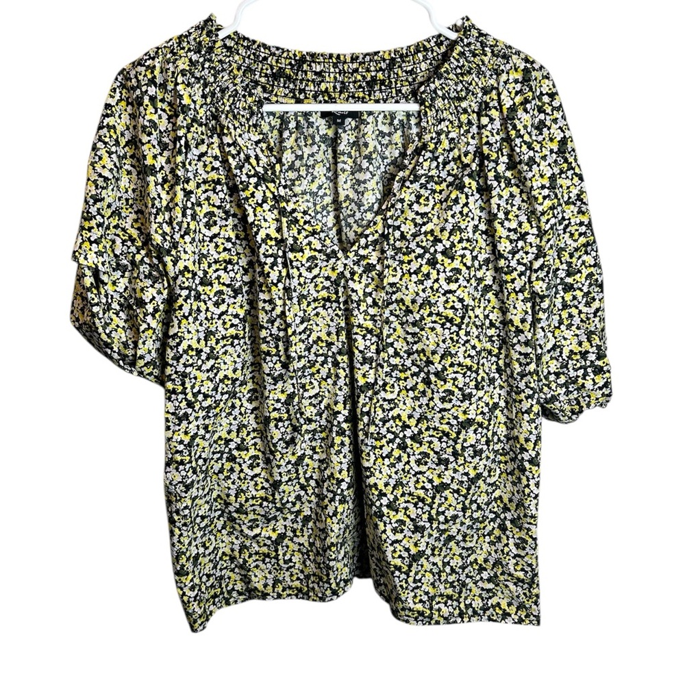 Rails Green Yellow Floral Puff Sleeve V Neck Blouse Size Medium
